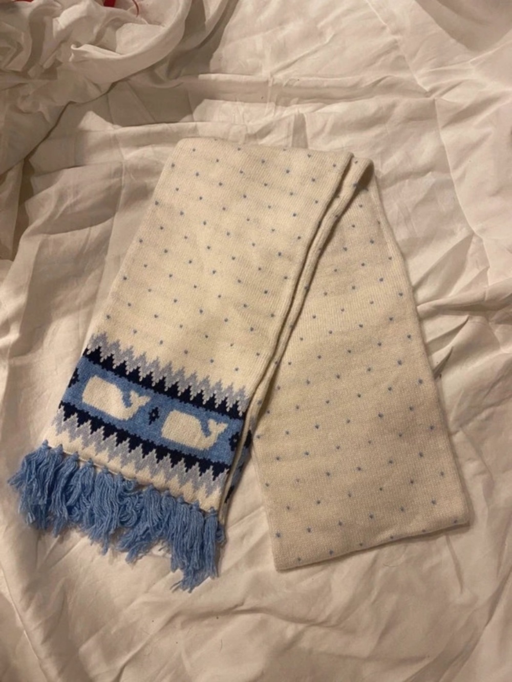 Vineyard Vines Kids Ivory & Light Blue Knit Scarf with Whale Motif w box
